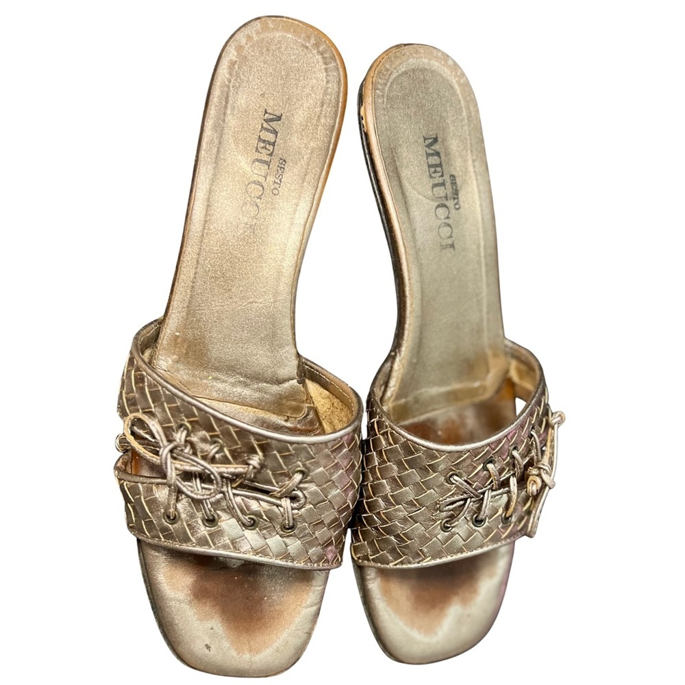 Sesto Meucci Varien Pewter Nappa Leather Woven Slide Sandals Kitten Heel